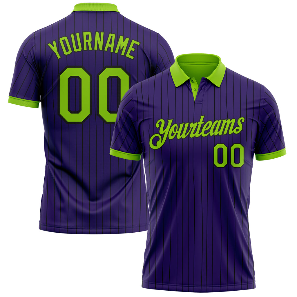 Custom Purple Black Pinstripe-Neon Green Performance Polo Shirt