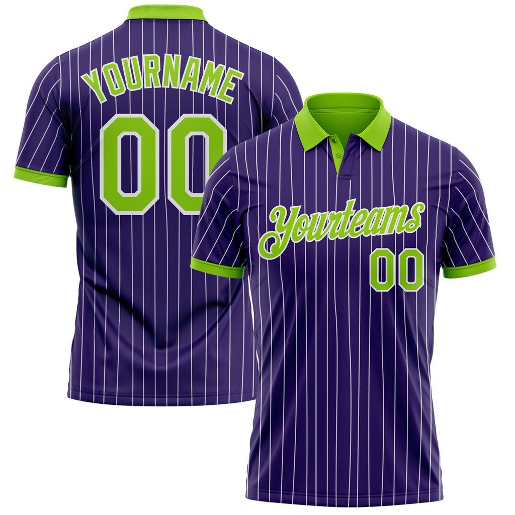 Custom Purple White Pinstripe-Neon Green Performance Polo Shirt