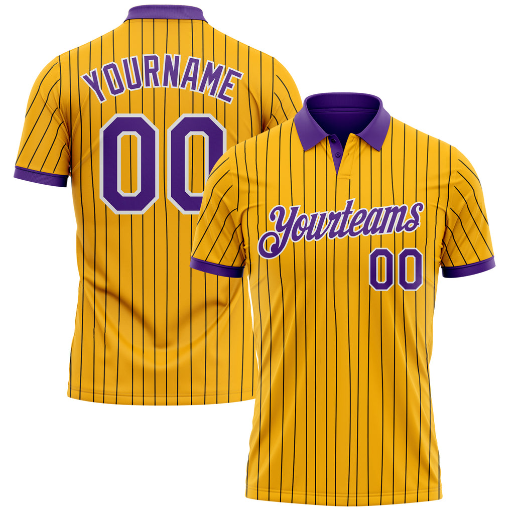 Custom Yellow Black Pinstripe Purple-White Performance Polo Shirt