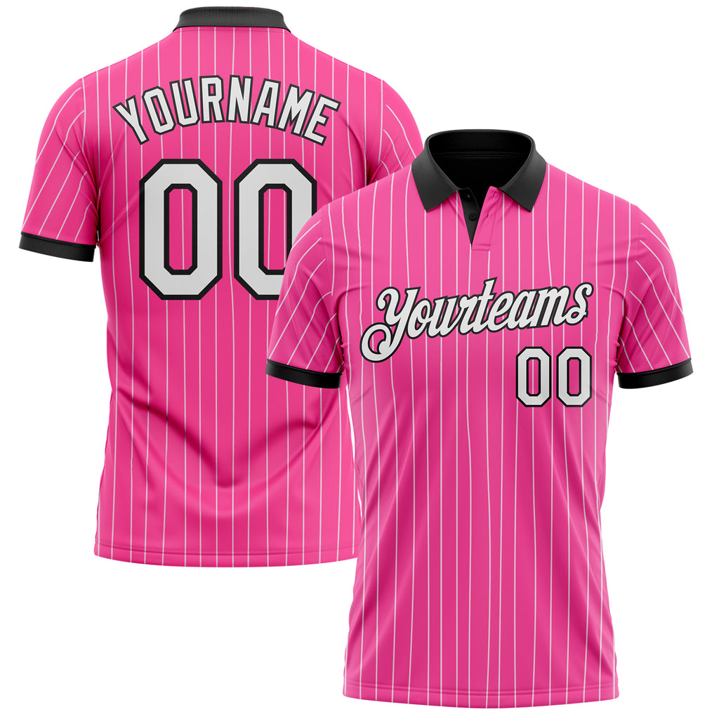 Custom Pink White Pinstripe-Black Performance Polo Shirt