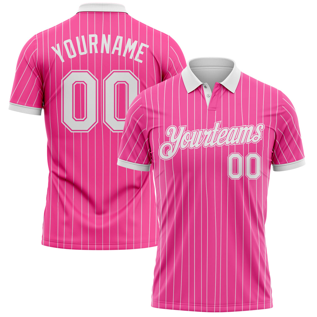 Custom Pink White Pinstripe-White Performance Polo Shirt