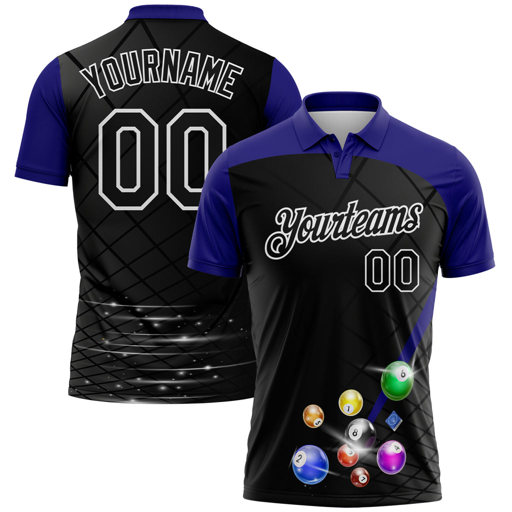 Custom Black Purple-White Billiard Balls Performance Polo Shirt