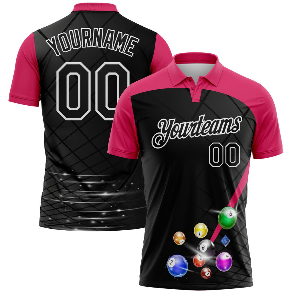 Custom Black Pink-White Billiard Balls Performance Polo Shirt