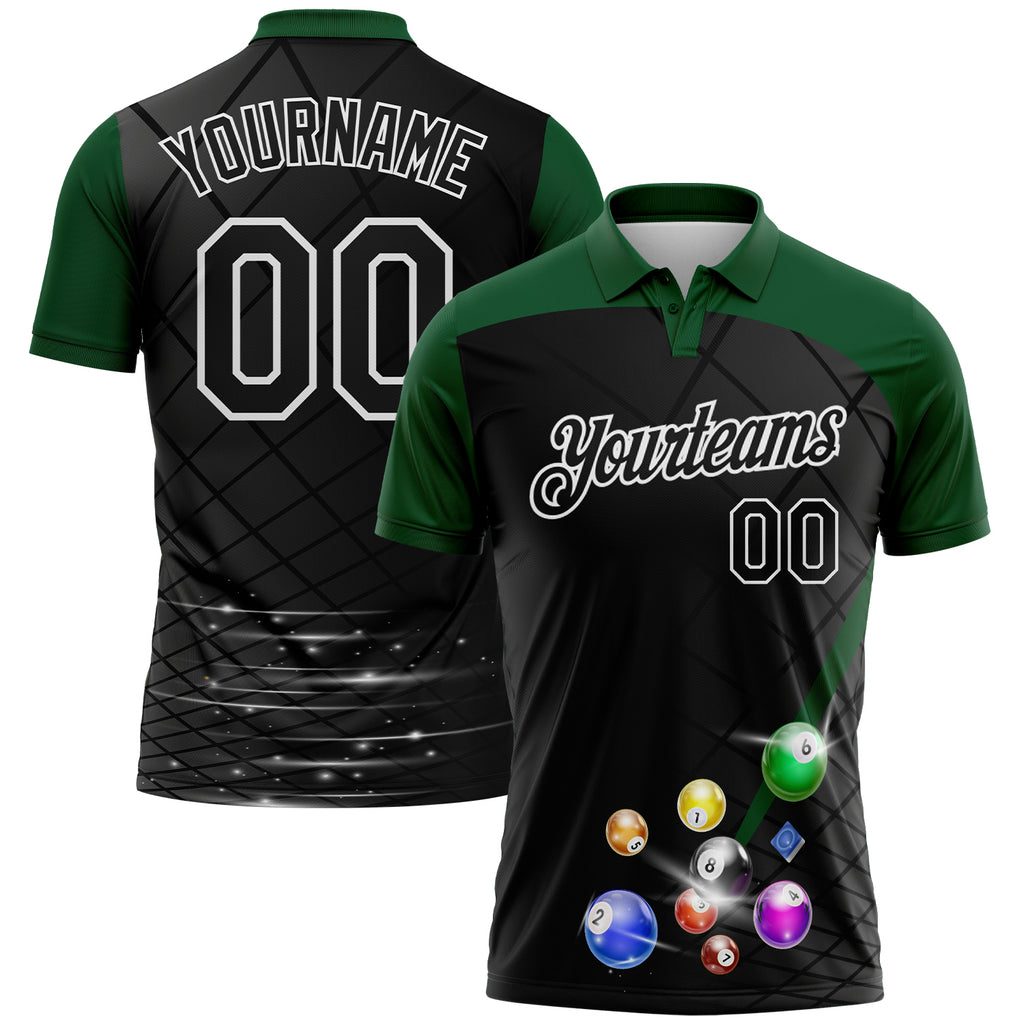 Custom Black Green-White Billiard Balls Performance Polo Shirt