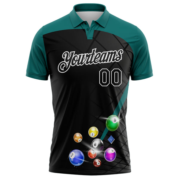 Custom Black Teal-White Billiard Balls Performance Polo Shirt