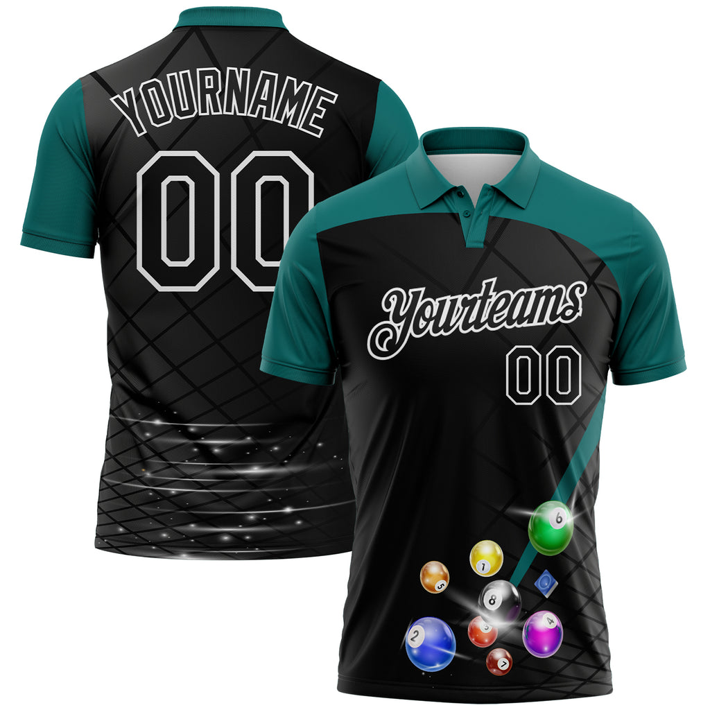 Custom Black Teal-White Billiard Balls Performance Polo Shirt