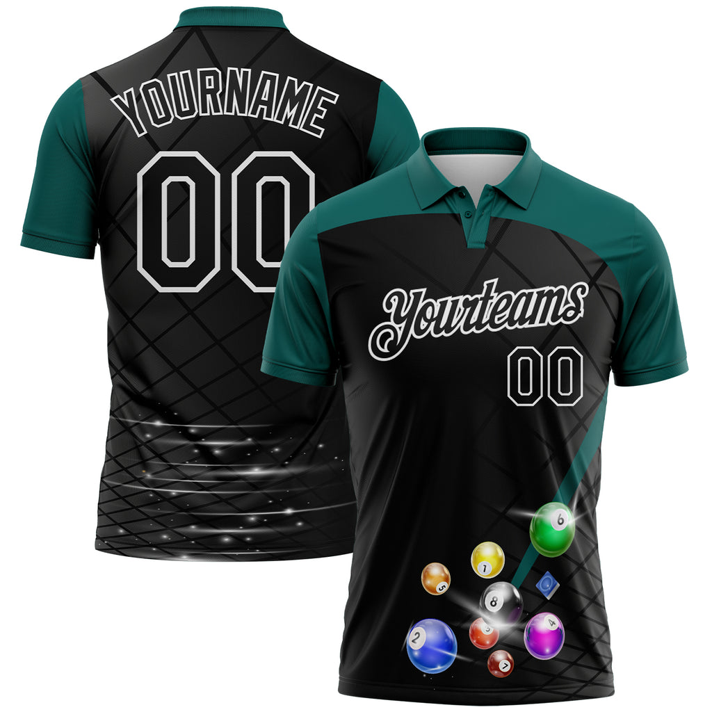 Custom Black Midnight Green-White Billiard Balls Performance Polo Shirt