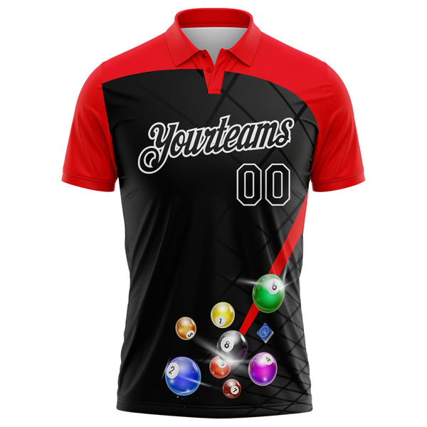 Custom Black Fire Red-White Billiard Balls Performance Polo Shirt