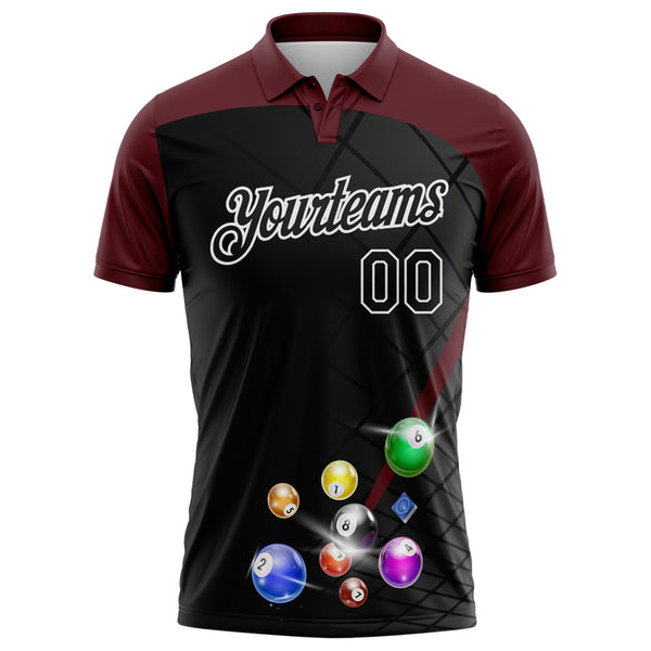 Custom Black Maroon-White Billiard Balls Performance Polo Shirt