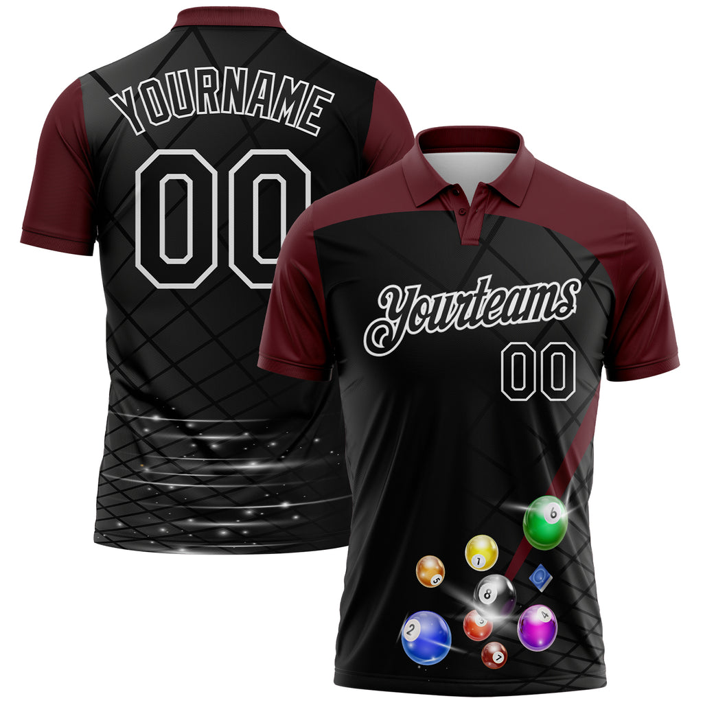 Custom Black Maroon-White Billiard Balls Performance Polo Shirt