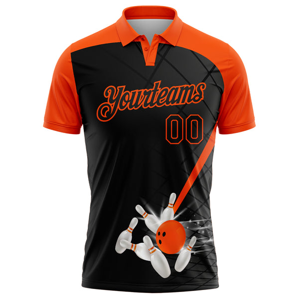 Custom Black-Orange Bowling Geometric Grid Performance Polo Shirt