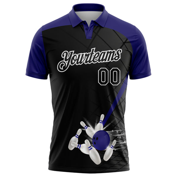 Custom Black Purple-White Bowling Geometric Grid Performance Polo Shirt
