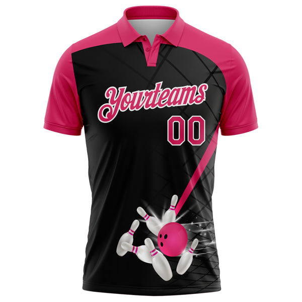Custom Black Pink-White Bowling Geometric Grid Performance Polo Shirt