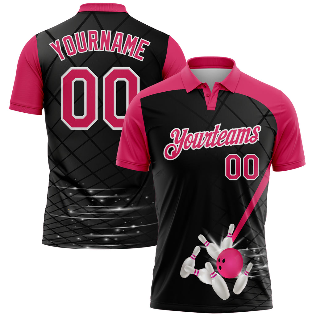 Custom Black Pink-White Bowling Geometric Grid Performance Polo Shirt