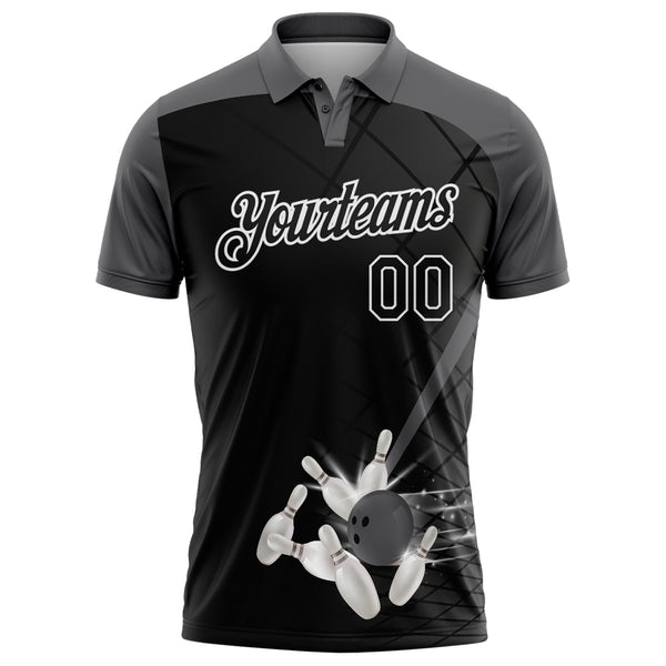 Custom Black Steel Gray-White Bowling Geometric Grid Performance Polo Shirt