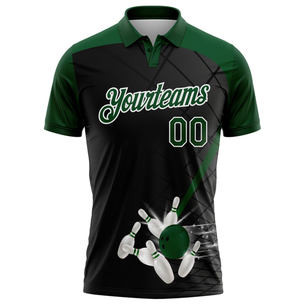 Custom Black Green-White Bowling Geometric Grid Performance Polo Shirt
