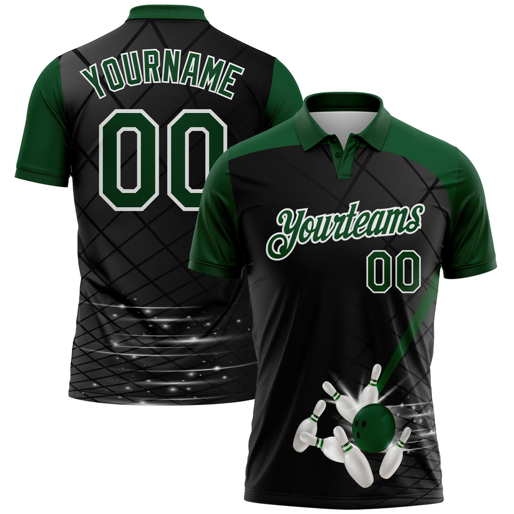 Custom Black Green-White Bowling Geometric Grid Performance Polo Shirt