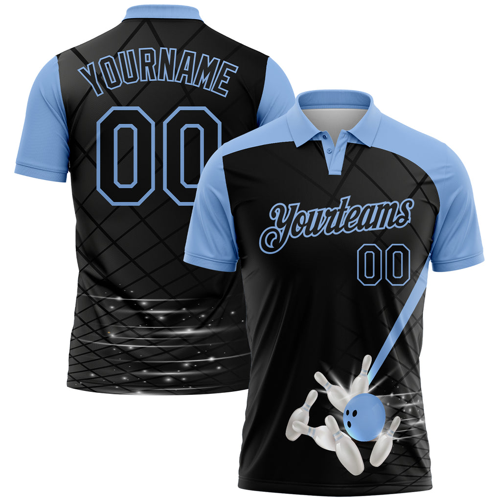Custom Black-Light Blue Bowling Geometric Grid Performance Polo Shirt