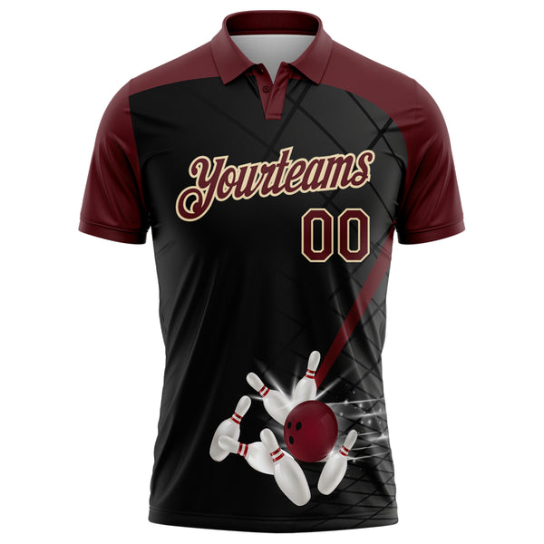 Custom Black Crimson-Cream Bowling Geometric Grid Performance Polo Shirt