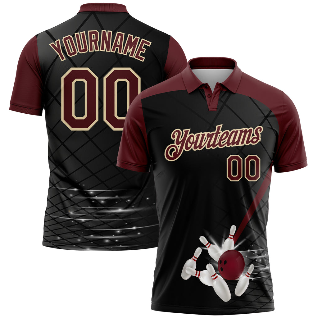 Custom Black Crimson-Cream Bowling Geometric Grid Performance Polo Shirt