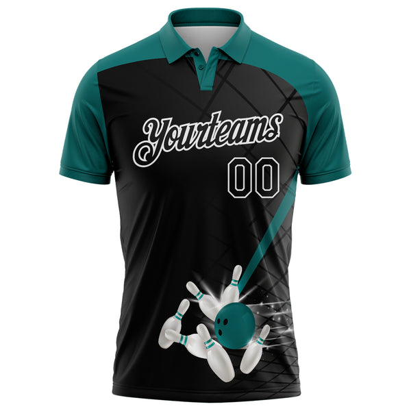 Custom Black Teal-White Bowling Geometric Grid Performance Polo Shirt