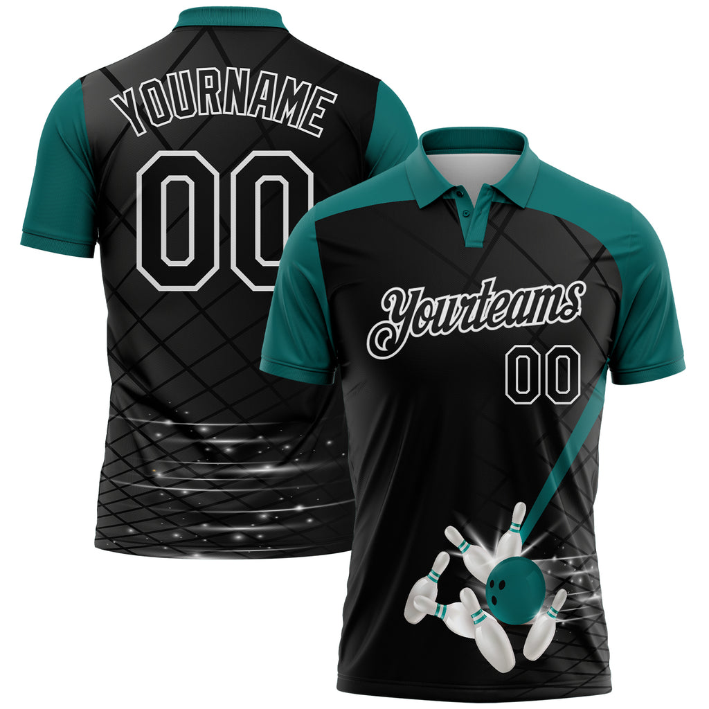 Custom Black Teal-White Bowling Geometric Grid Performance Polo Shirt