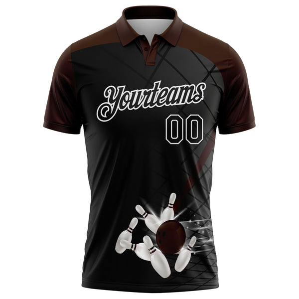 Custom Black Brown-White Bowling Geometric Grid Performance Polo Shirt