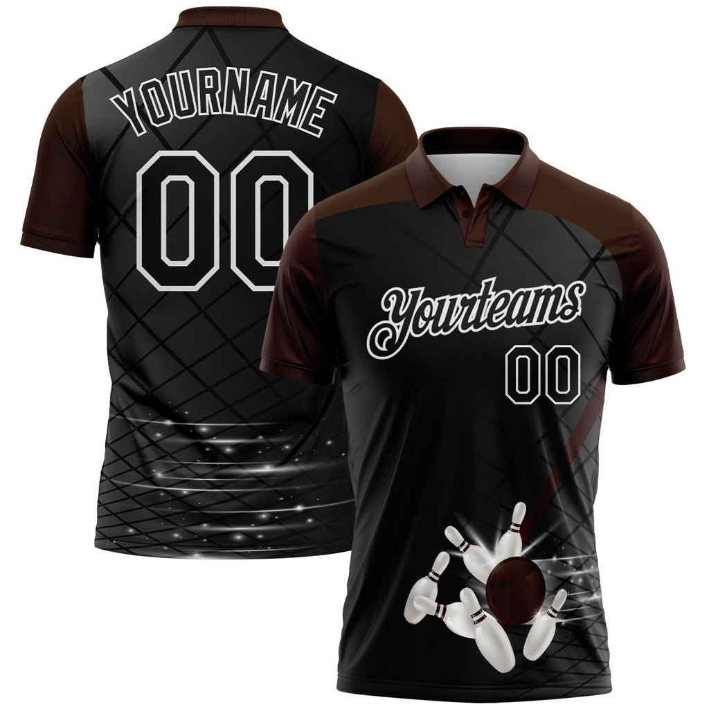 Custom Black Brown-White Bowling Geometric Grid Performance Polo Shirt