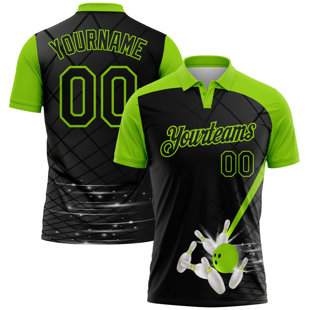 Custom Black-Neon Green Bowling Geometric Grid Performance Polo Shirt