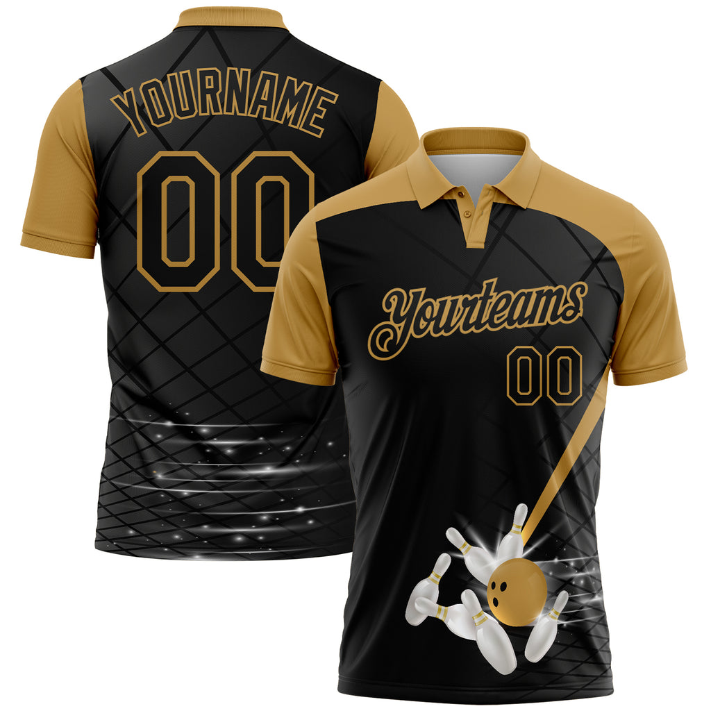 Custom Black-Old Gold Bowling Geometric Grid Performance Polo Shirt