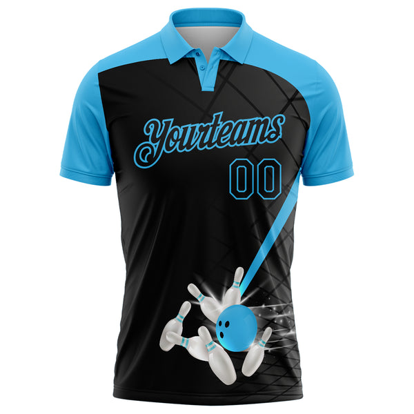 Custom Black-Sky Blue Bowling Geometric Grid Performance Polo Shirt