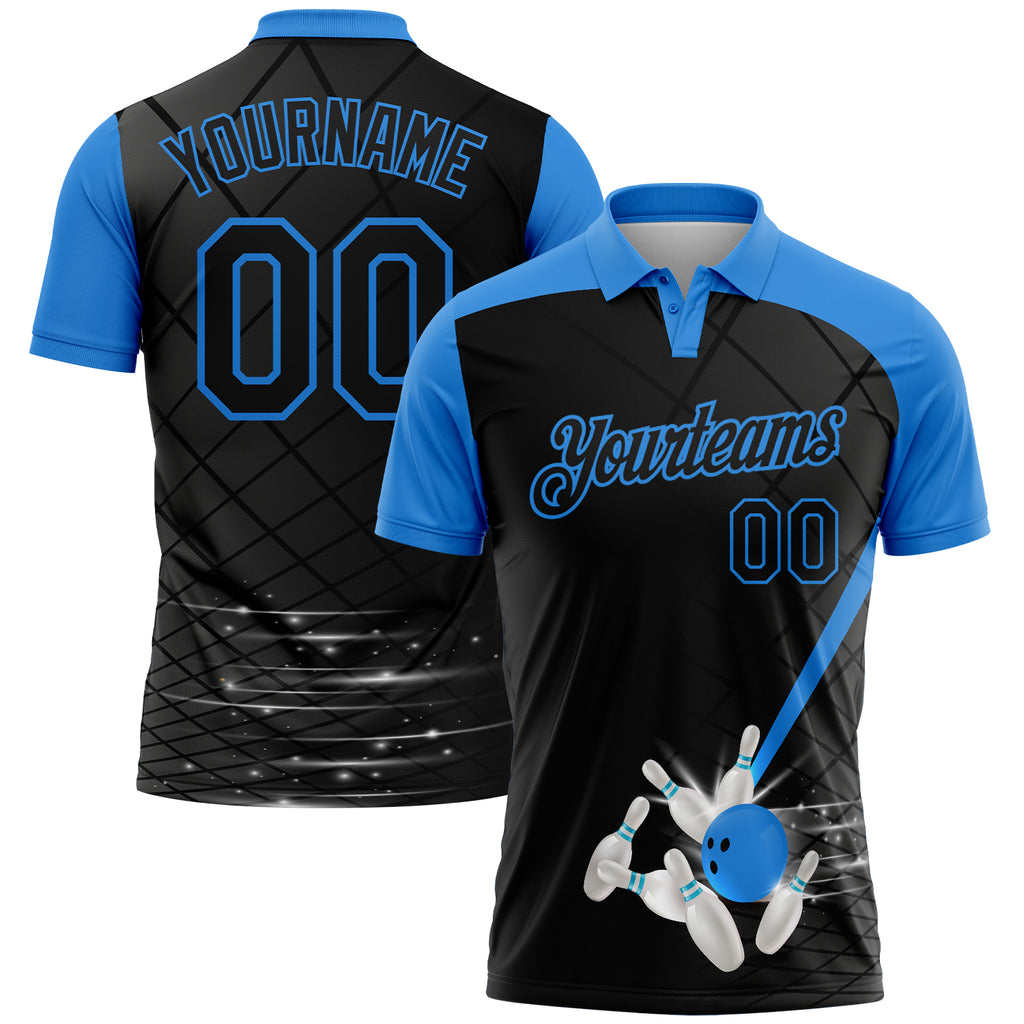 Custom Black-Powder Blue Bowling Geometric Grid Performance Polo Shirt