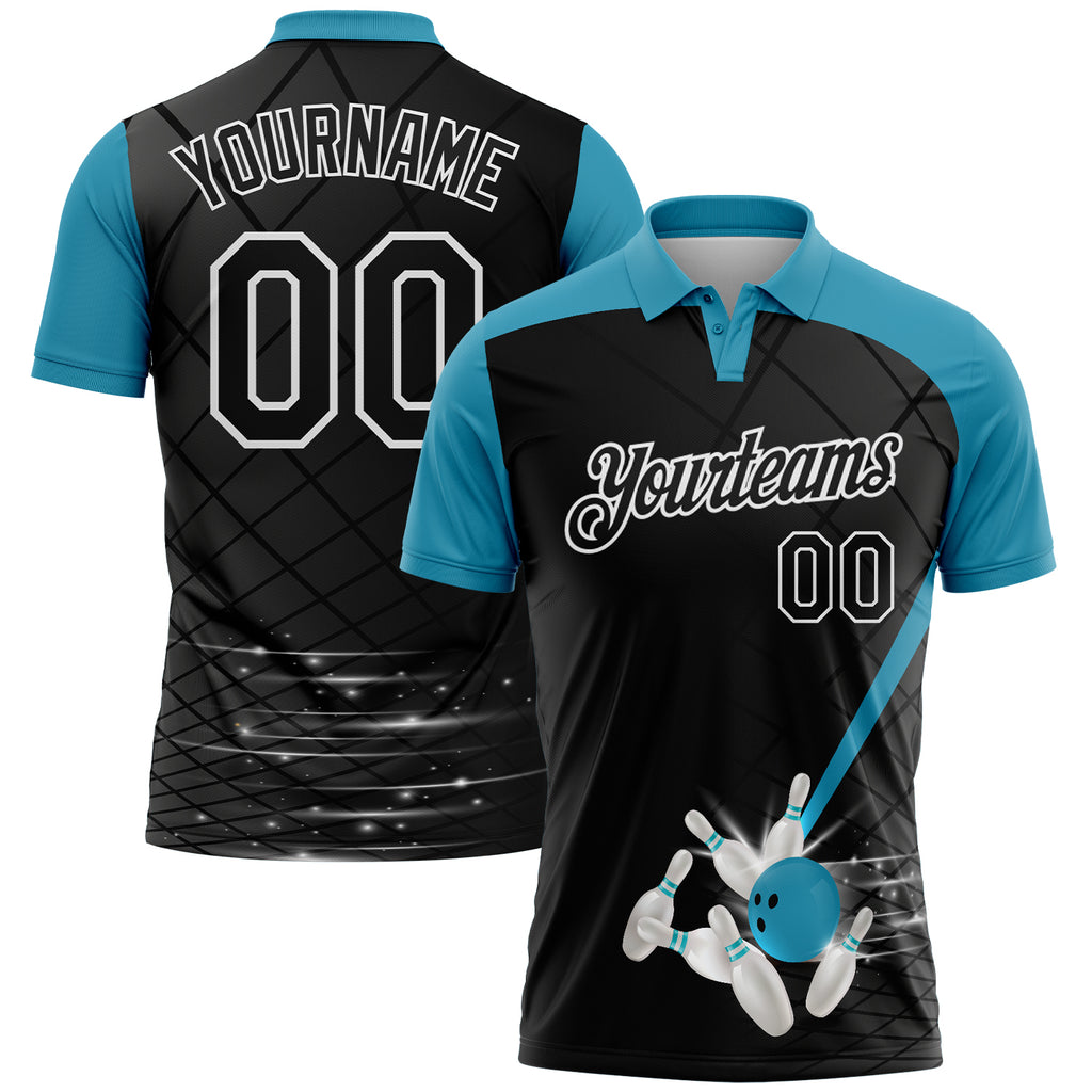 Custom Black Panther Blue-White Bowling Geometric Grid Performance Polo Shirt