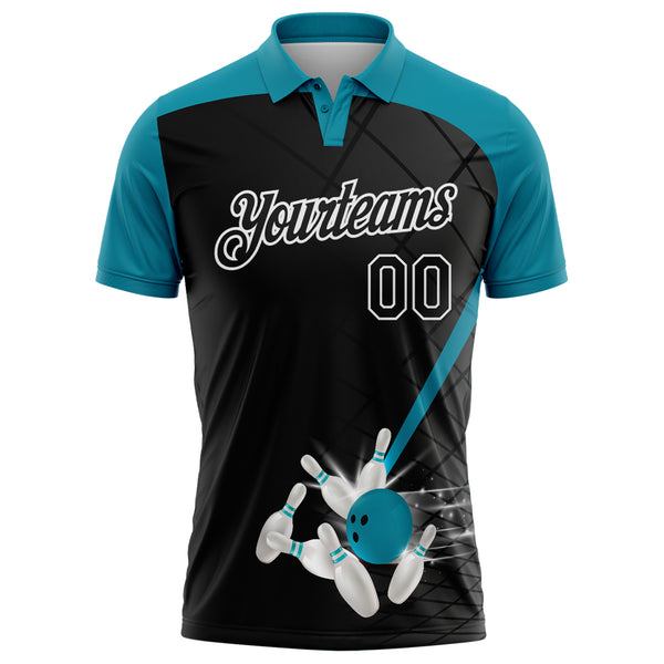 Custom Black Teal-White Bowling Geometric Grid Performance Polo Shirt