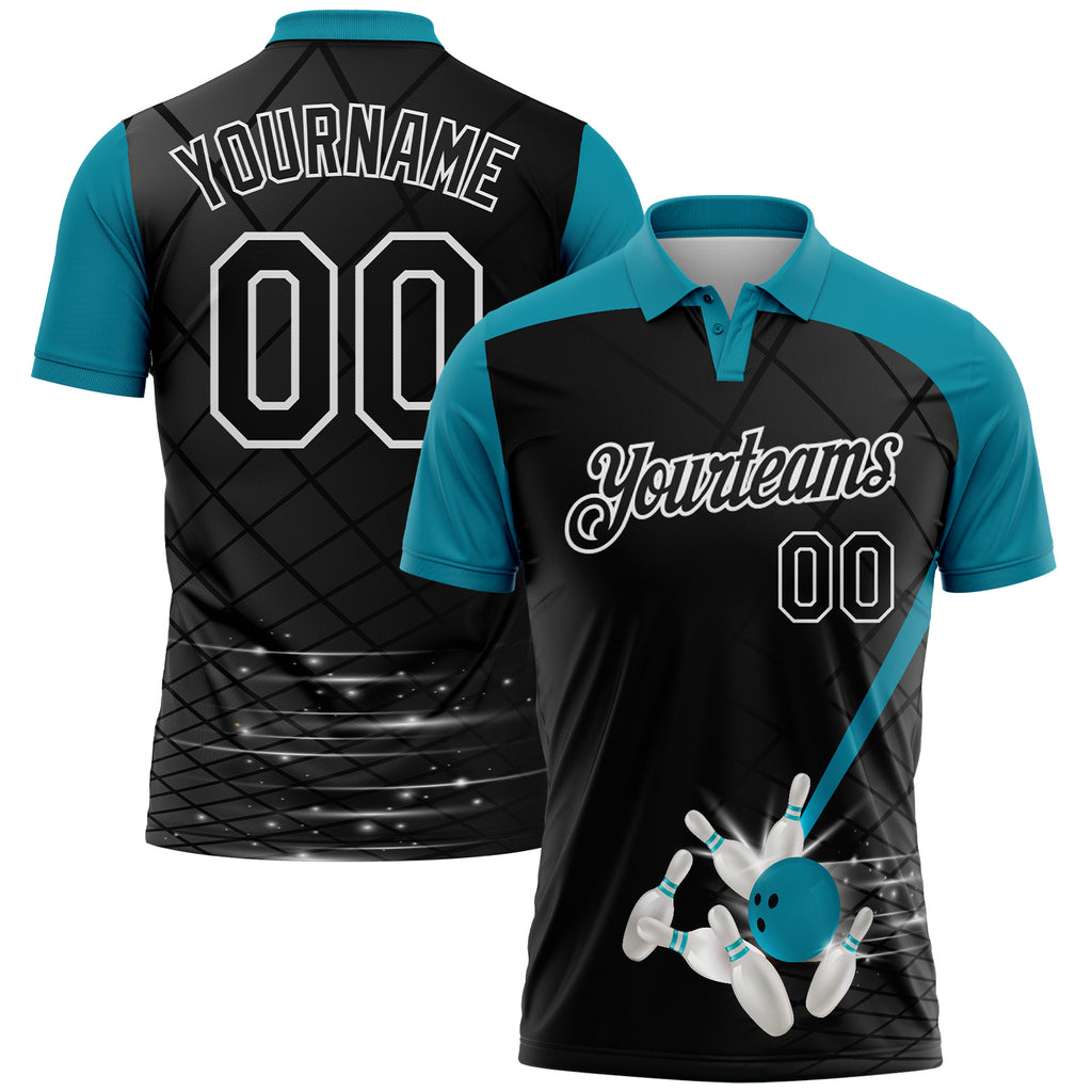 Custom Black Teal-White Bowling Geometric Grid Performance Polo Shirt