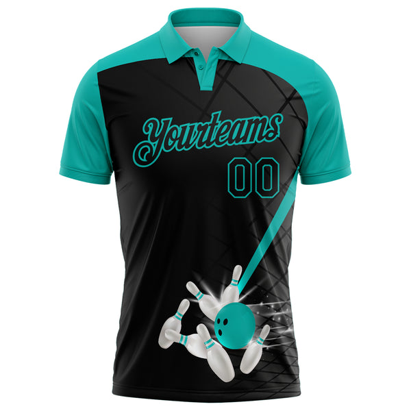 Custom Black-Aqua Bowling Geometric Grid Performance Polo Shirt