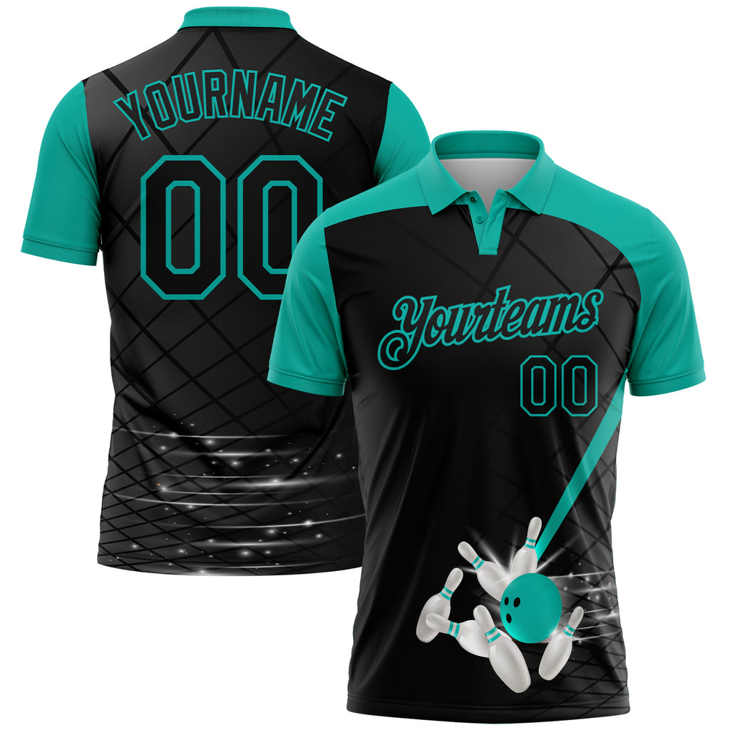 Custom Black-Aqua Bowling Geometric Grid Performance Polo Shirt
