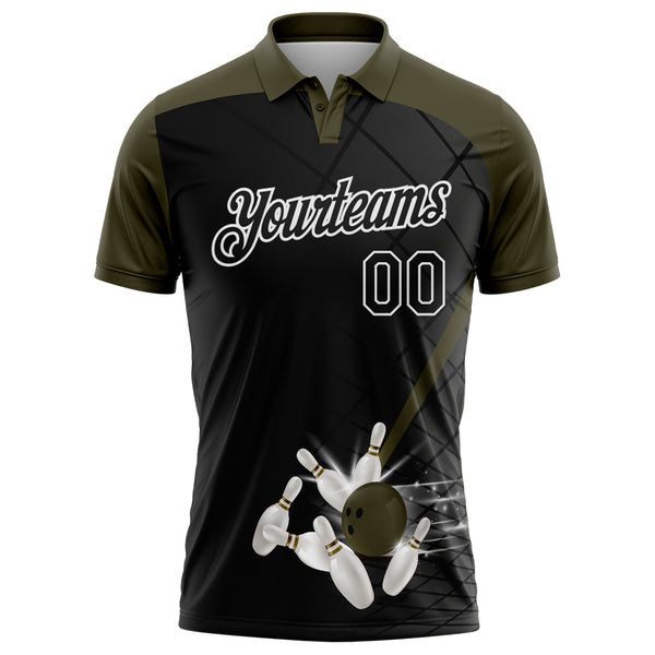 Custom Black Olive-White Bowling Geometric Grid Performance Polo Shirt