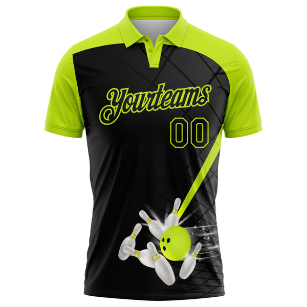 Custom Black-Neon Green Bowling Geometric Grid Performance Polo Shirt
