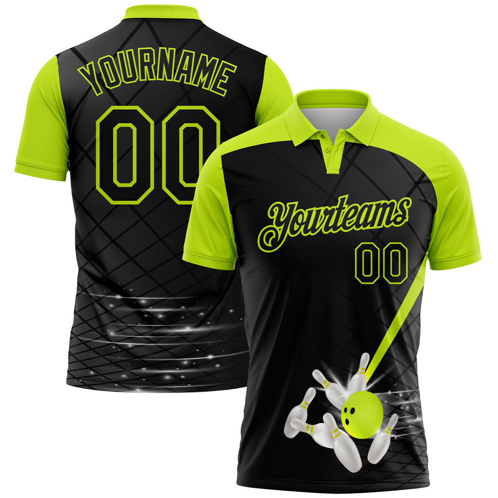 Custom Black-Neon Green Bowling Geometric Grid Performance Polo Shirt