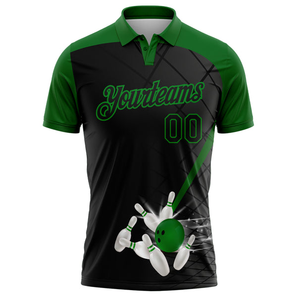 Custom Black-Grass Green Bowling Geometric Grid Performance Polo Shirt