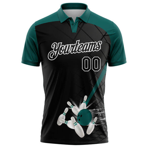 Custom Black Midnight Green-White Bowling Geometric Grid Performance Polo Shirt