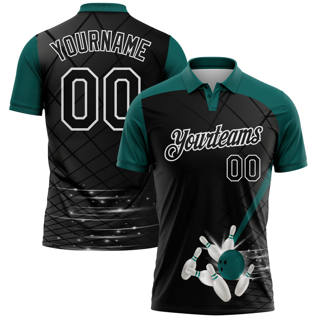 Custom Black Midnight Green-White Bowling Geometric Grid Performance Polo Shirt