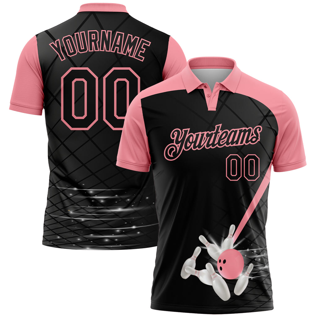 Custom Black-Medium Pink Bowling Geometric Grid Performance Polo Shirt