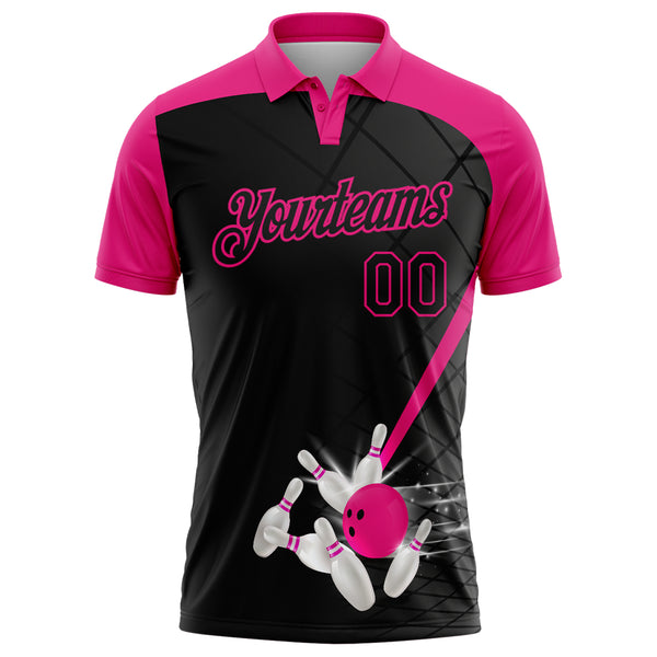 Custom Black-Hot Pink Bowling Geometric Grid Performance Polo Shirt