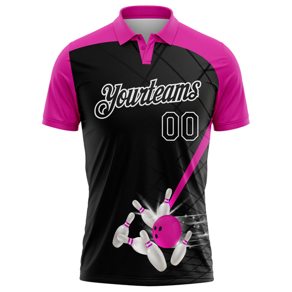 Custom Black Deep Pink-White Bowling Geometric Grid Performance Polo Shirt
