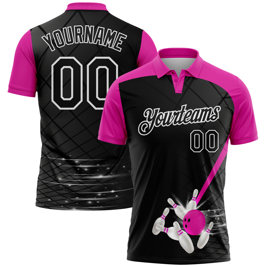 Custom Black Deep Pink-White Bowling Geometric Grid Performance Polo Shirt