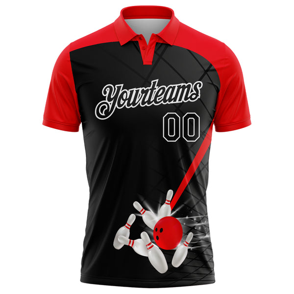 Custom Black Fire Red-White Bowling Geometric Grid Performance Polo Shirt
