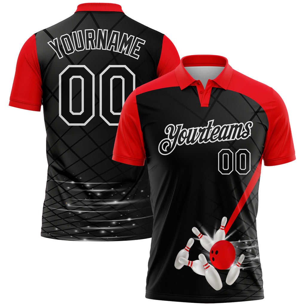 Custom Black Fire Red-White Bowling Geometric Grid Performance Polo Shirt