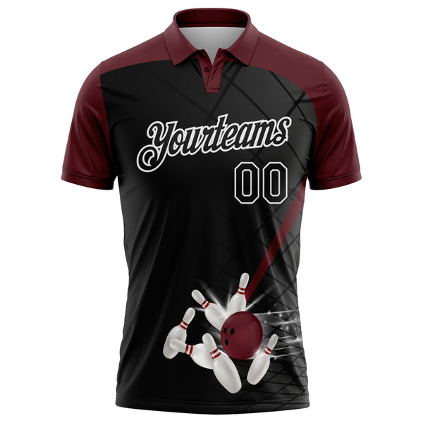 Custom Black Maroon-White Bowling Geometric Grid Performance Polo Shirt